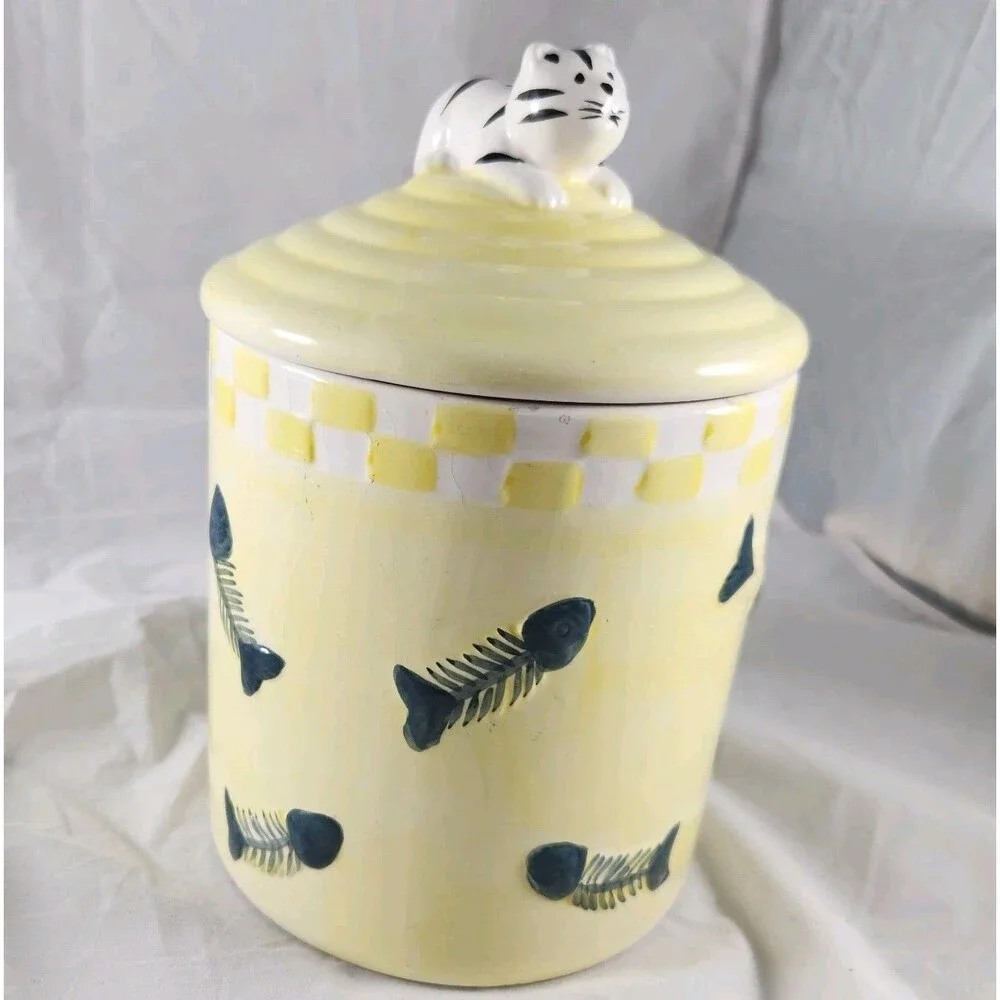 Alco Yellow Ceramic Cat Kitty Treat Cookie Jar Fish Bones Skeleton